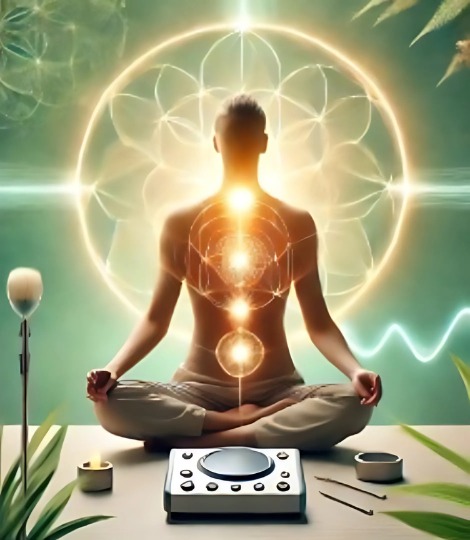 A person meditating with glowing chakras, bioenergetic healing frequencies, and advanced wellness technology in a peaceful, nature-inspired setting - symbolizing holistic healing and energy balance.